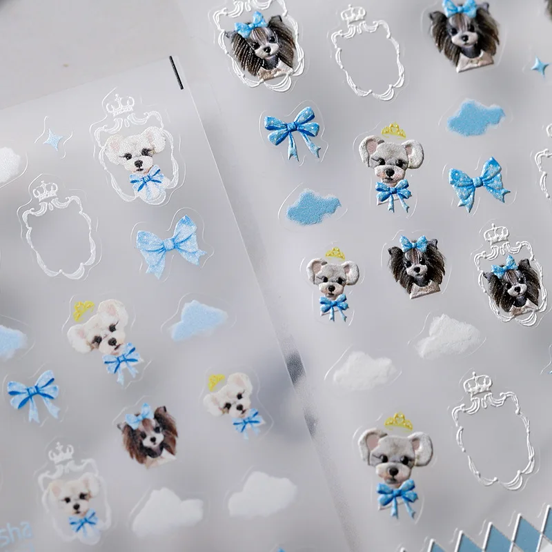 Dreamy Cute Puppy Light Blue Bowknot Checkered Pattern 5D Soft Embossed Relief Self Adhesive Nail Art Sticker 3D Manicure Decals