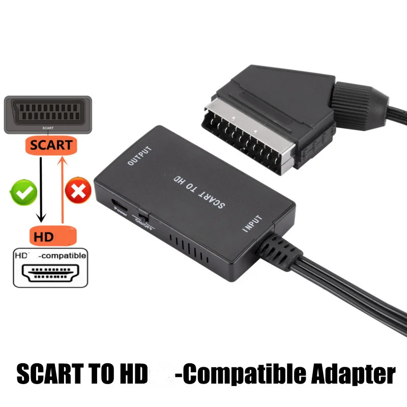 SCART To HD-Compatible Converter with Cable Wrugste Scart In HD Out 720P/1080P Switch Video Audio Converter Adapter for HDTV