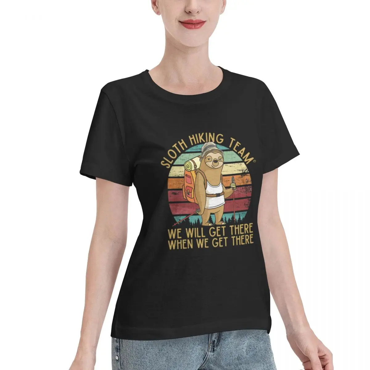 No Shrink Sloth Hiking Team - We Will Get There When We Get There Funny Vintage Women's T-shirt Daily Outfit Plain Cotton Top