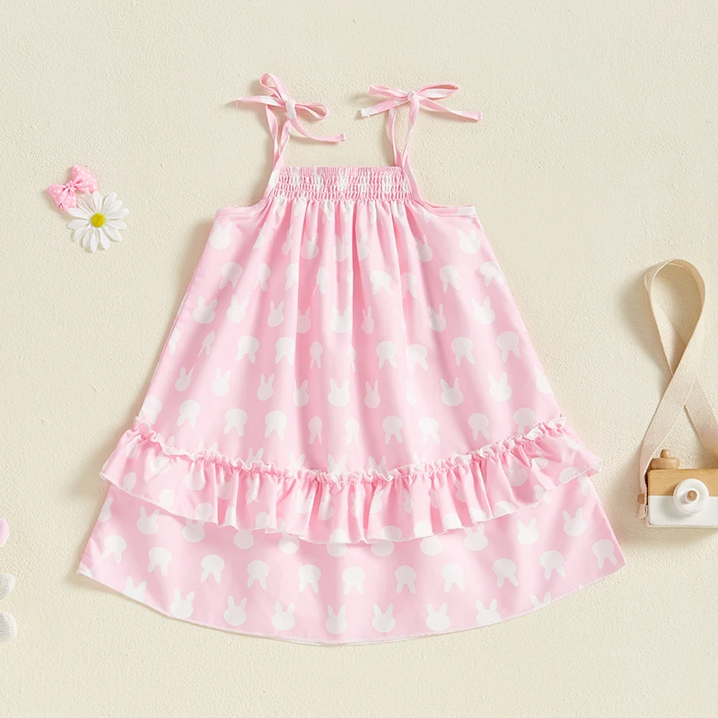 Little Girl Summer Sleeveless Dress Bunny Print Tie Shoulder Strap Ruffled A-Line Dress