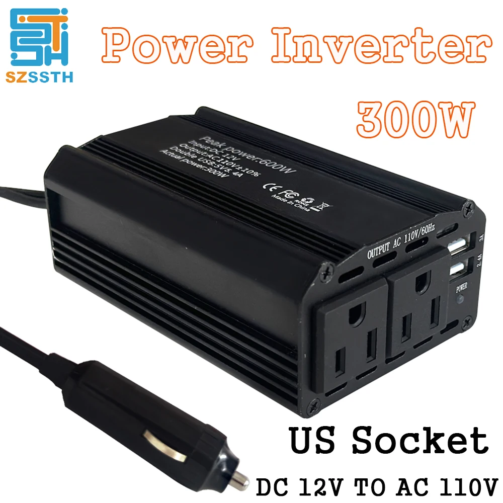 Inverter 12v 110V 300W Power Inverter Portable Vehicle-mounted 600W Household Converter US Socket Multi-function Auto Accessorie