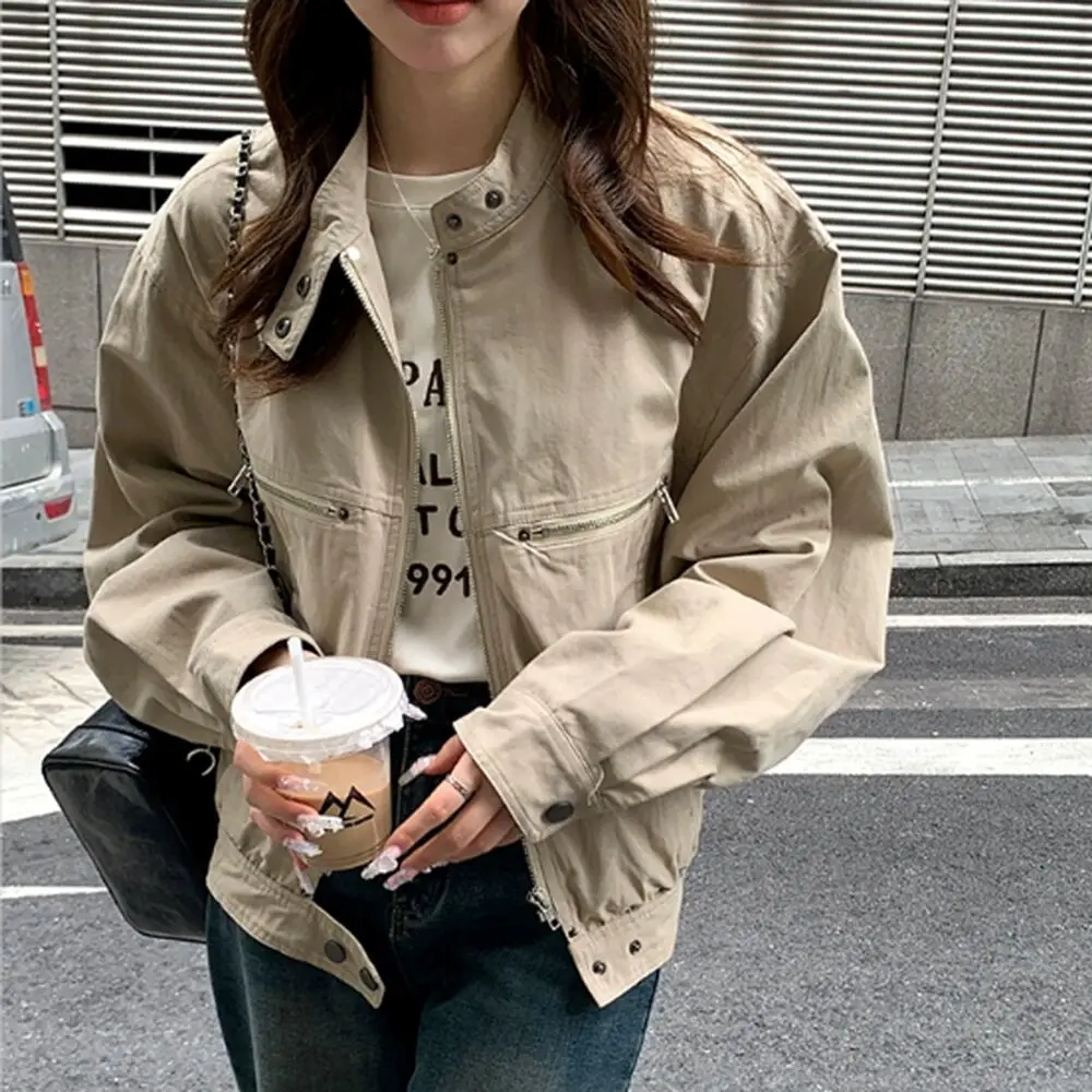 

Vintage Bombers Jacket Woman Autumn Windproof Zipper Up Chic Coat Tops Button Collar Casual Loose Long Sleeve Outerwear Female
