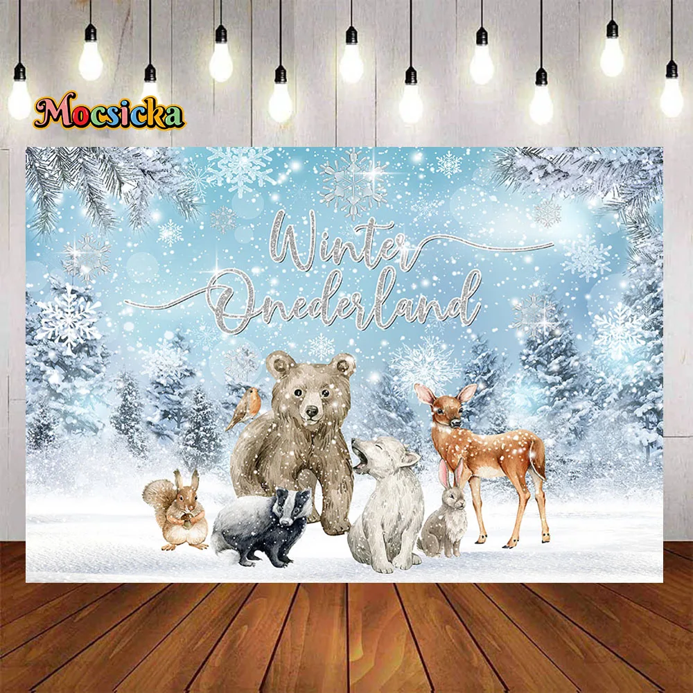 

Mocsicka Winter Wonderland Baby Show Background Photography Silver Snowflake Forest Animal Snow Backdrop Newborn Birthday Banner