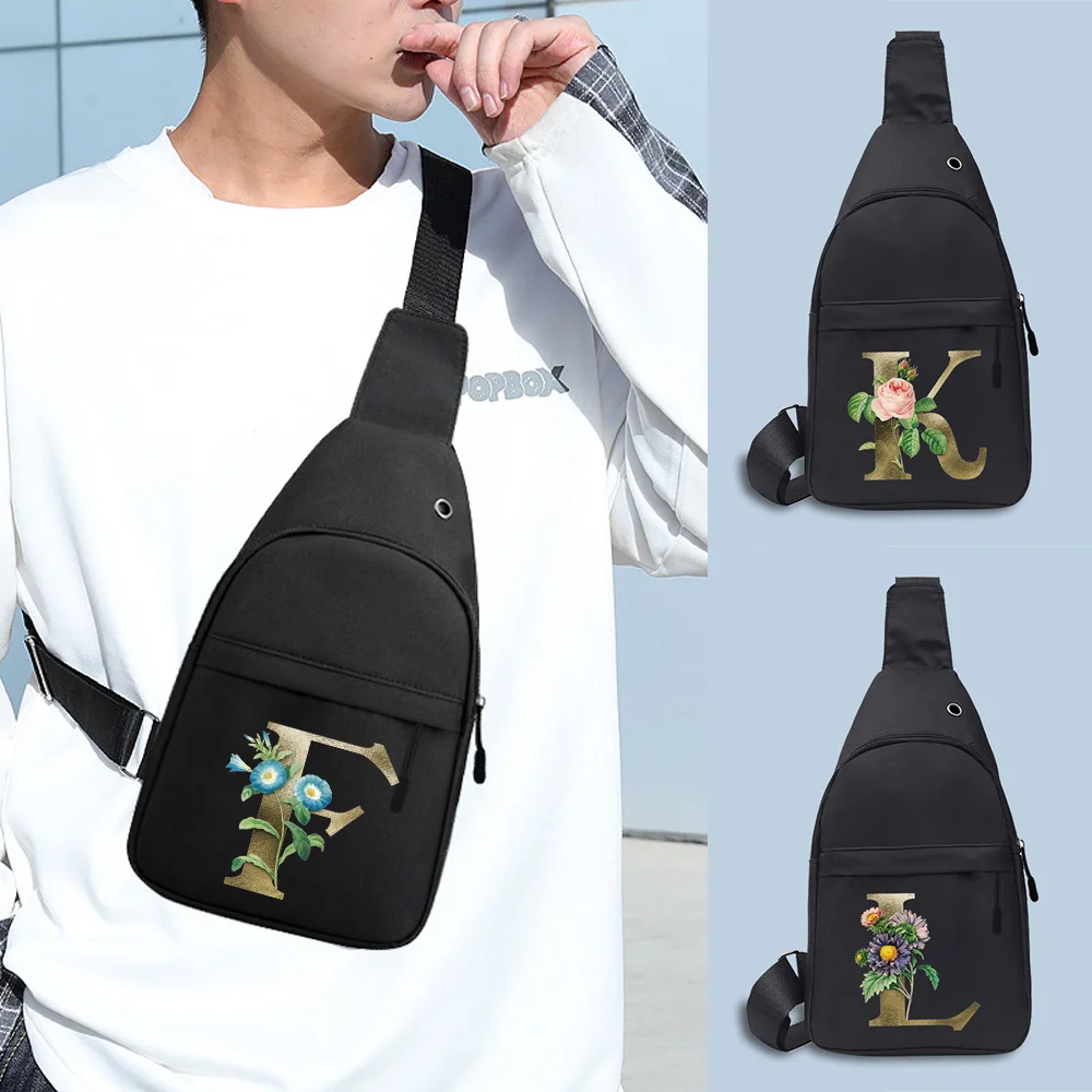 

Canvas Chest Pack for Men Shoulder Bag USB Charging Port Male Chest Bags Short Travel Messenger Bag Golden Flower Lettern Series