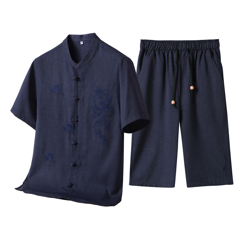 Tang Suit Chinese Style for Men High-End Summer Thin Hanfu Dark Cell Embroidery Suit Stand Collar Short Sleeve Suit