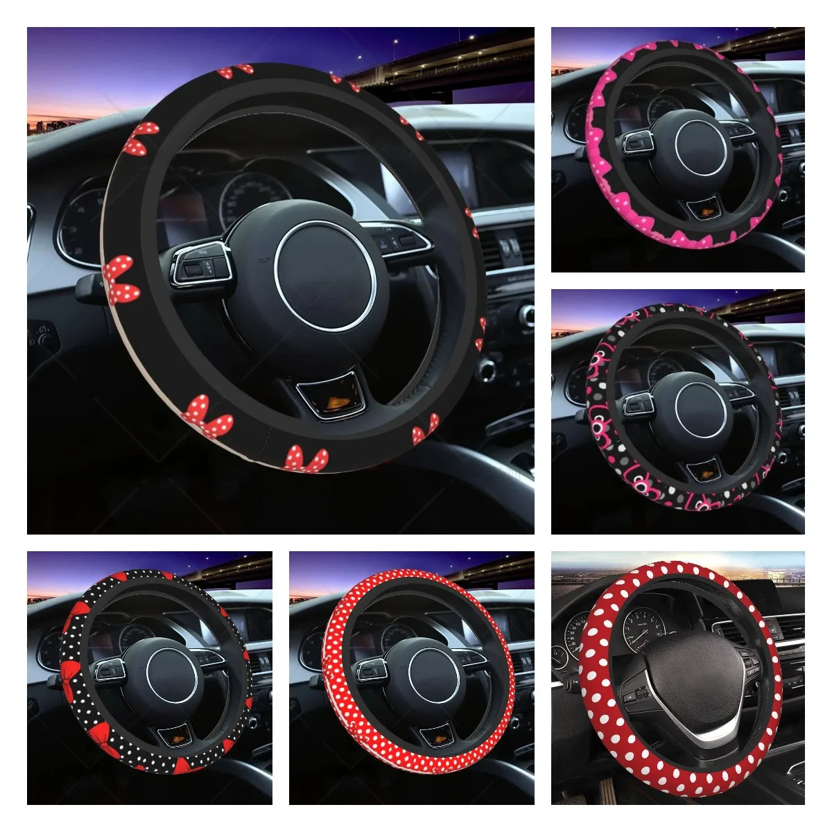 Bow Polka Dot Cartoon Steering Wheel Covers for Women Car Decoration Accessories Print Pattern One Size Gift Car Accessories