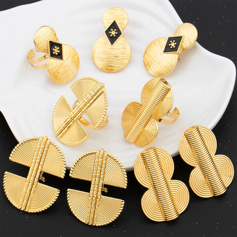 Luxury 18K Gold Plated Earrings Ring for Women Dubai Jewelry Set African Gold Color Jewellery for Party Wedding Accessories Gift