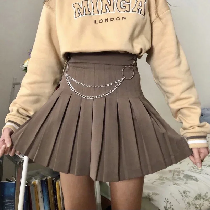 

Fashion Kawaii Women's Korean Sexy Pleated Short Skirt Solid Color Suit High Waist Pleated Harajuku Mini Skirt New (no Chain)