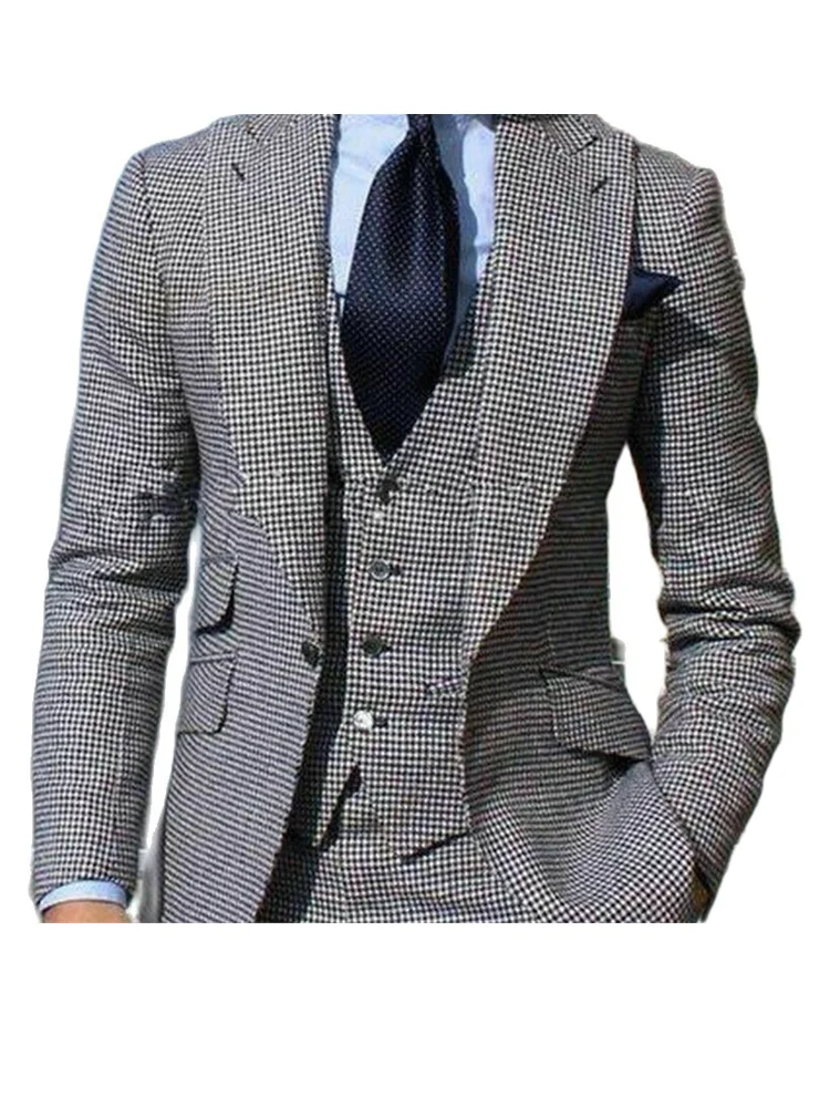 Houndstooth Mens Suit Slim Fit 3 Pieces Peaked Lapel Blazer Wedding Groom Tuxedos for Prom Party Business(Jacket+Pants+Vest)