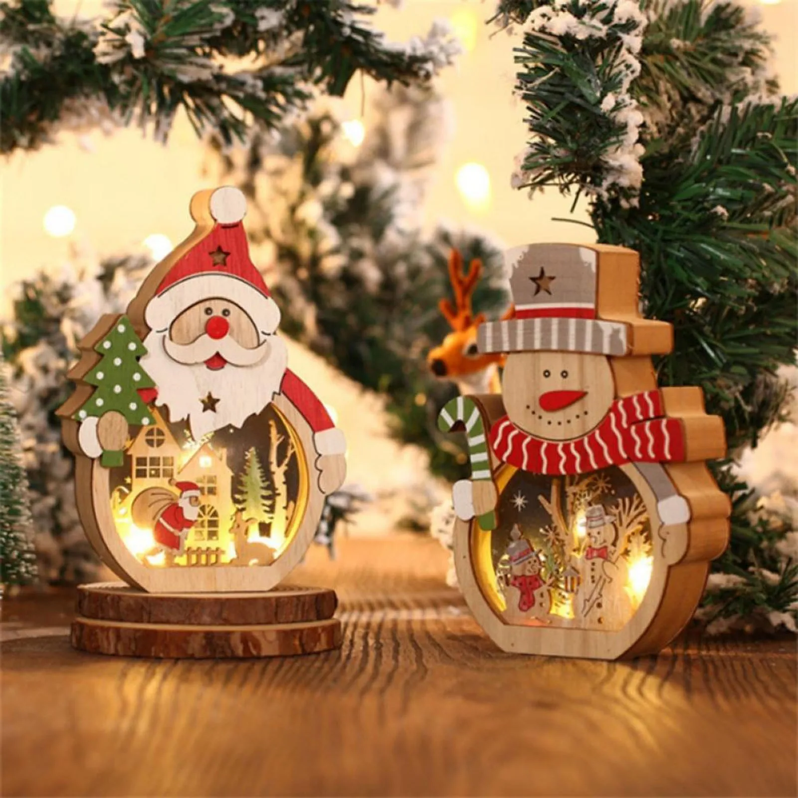 

Christmas Decorations LED Lights Santa Claus Shaped Wooden Holiday Party Decorations Illuminated Elderly Wooden Ornaments