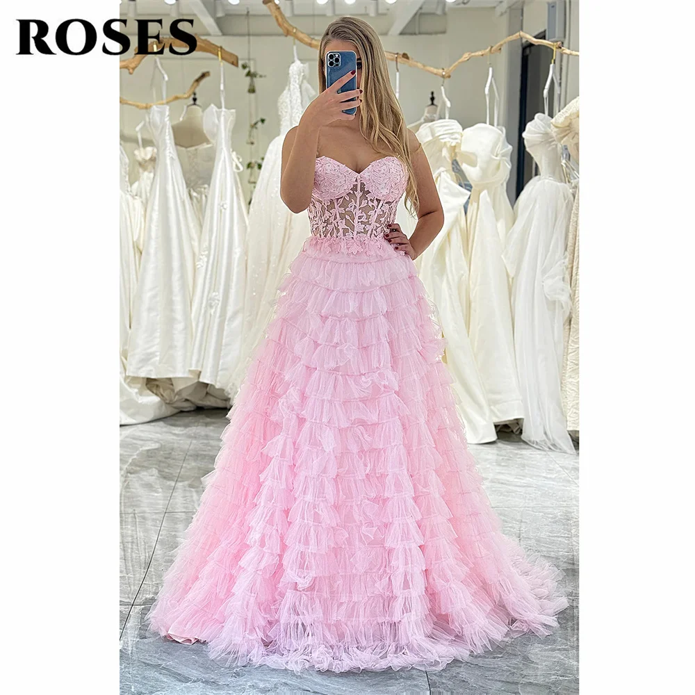 ROSES Pink Evening Dress Sweetheart Sleeveless  فستان سهرة Laced Bodice A-Line Tulle Prom Dress Fairy Layered Cake Party Dress