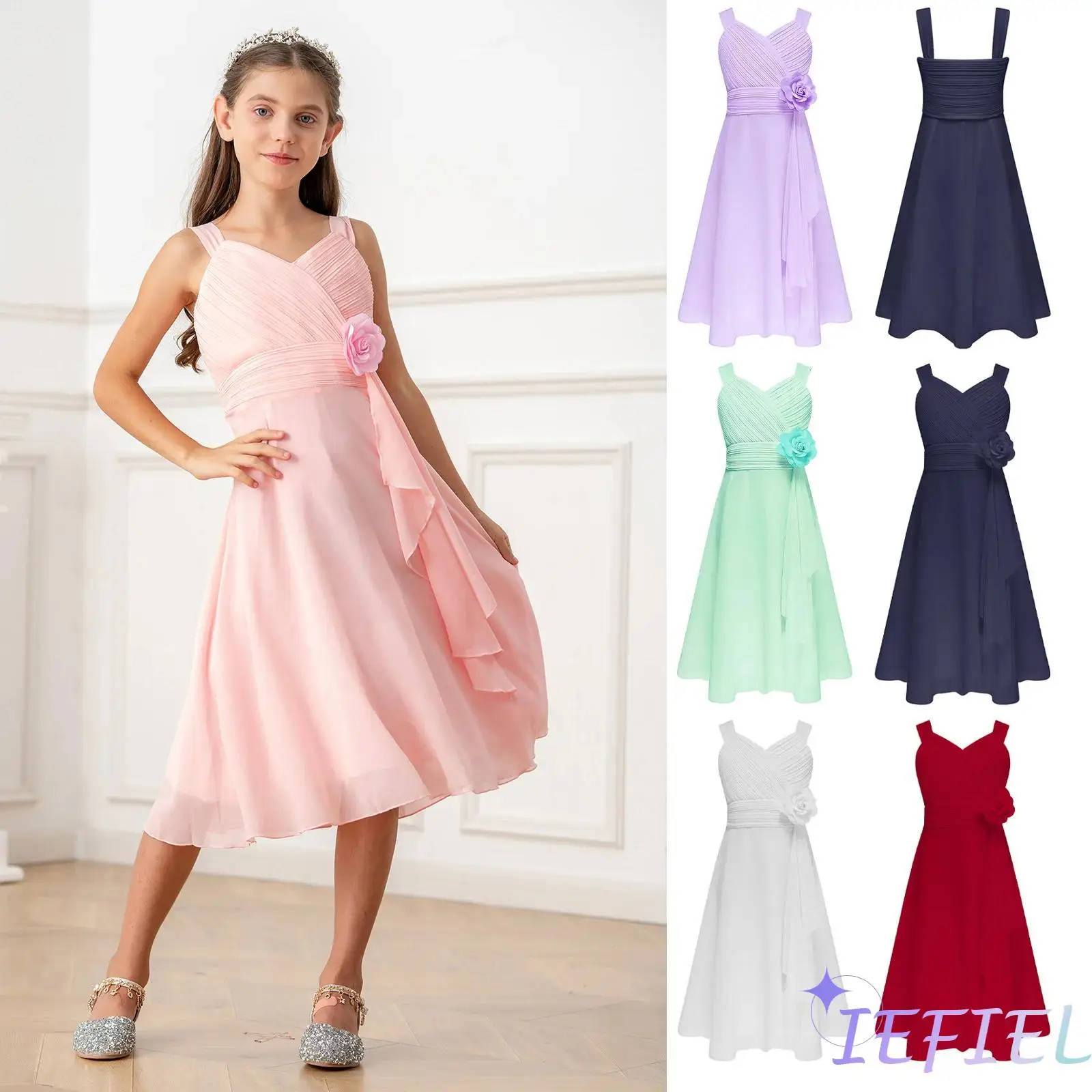

Kids Solid Ballet Ballroom Dance Costume Girls Elegant Flower Decor Princess Dress V Neck Sleeveless Ruched Wedding Party Gown