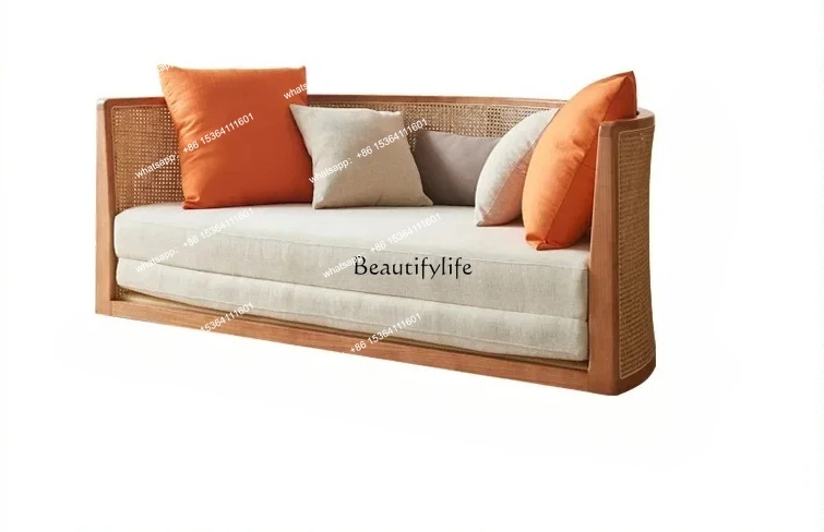 

Wabi-Sabi Style Double Sofa Bed Foldable Simple Arc-Shaped Bed for Guesthouses Living Room Dual-Use Solid Wood Rattan Sofa