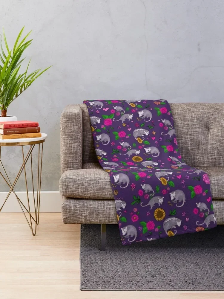 Trash Royalty in Dark Purple Floral Possum Print Animals with Flowers Throw Blanket