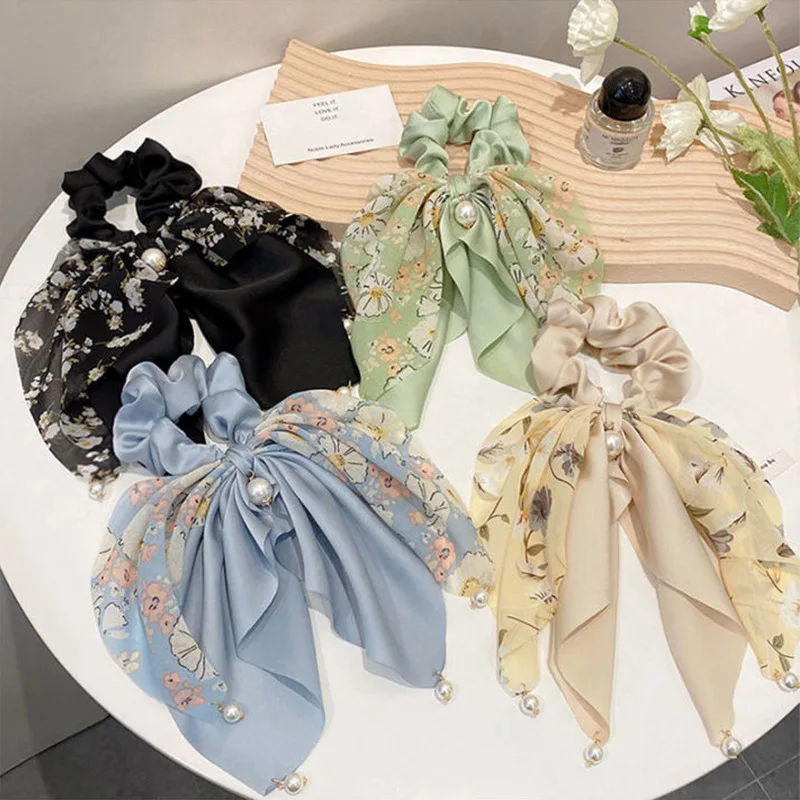 Floral Pearl Ribbon Bow Scrunchies High Elastic Hair Ties for Women Ponytail Holder Ethereal Elegant Daily