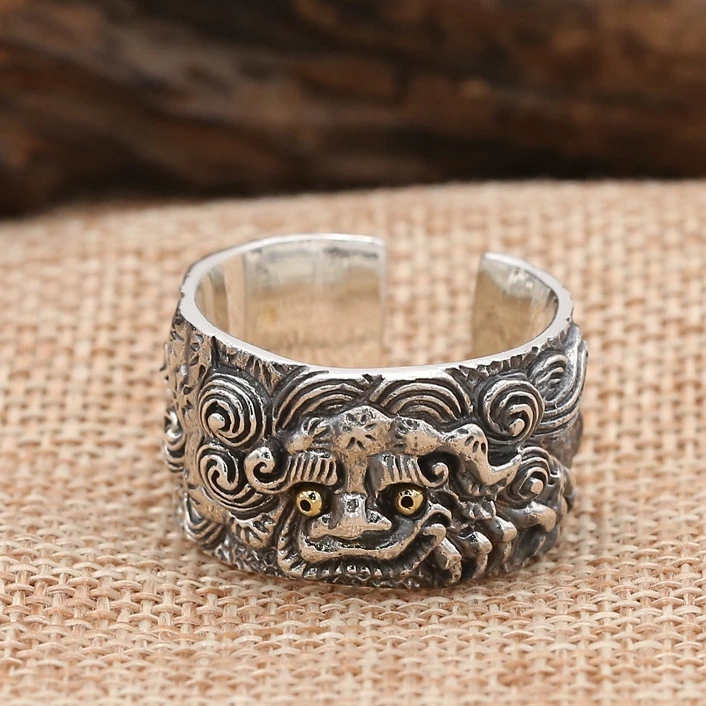 Vintage Relief Lines Animal Ring Men Jewelry Lucky Wealth Beast Pixiu Ring Male Index Finger Accessories Open Size