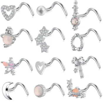 1 adet 20G paslanmaz çelik pembe zirkon burun damızlık yüzük kadınlar için kızlar ay kalp yıldız vida S şekil burun damızlık vücut Piercing takı