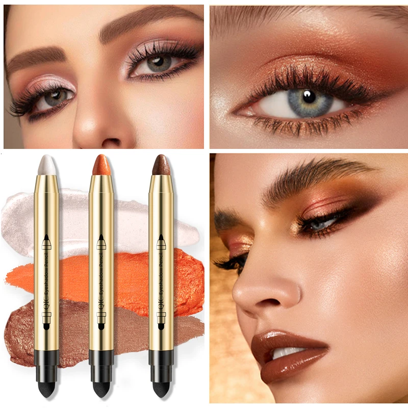 Lápiz de sombra de ojos con purpurina de doble extremo, resaltador de maquillaje, Base brillante impermeable, imprimación de cejas