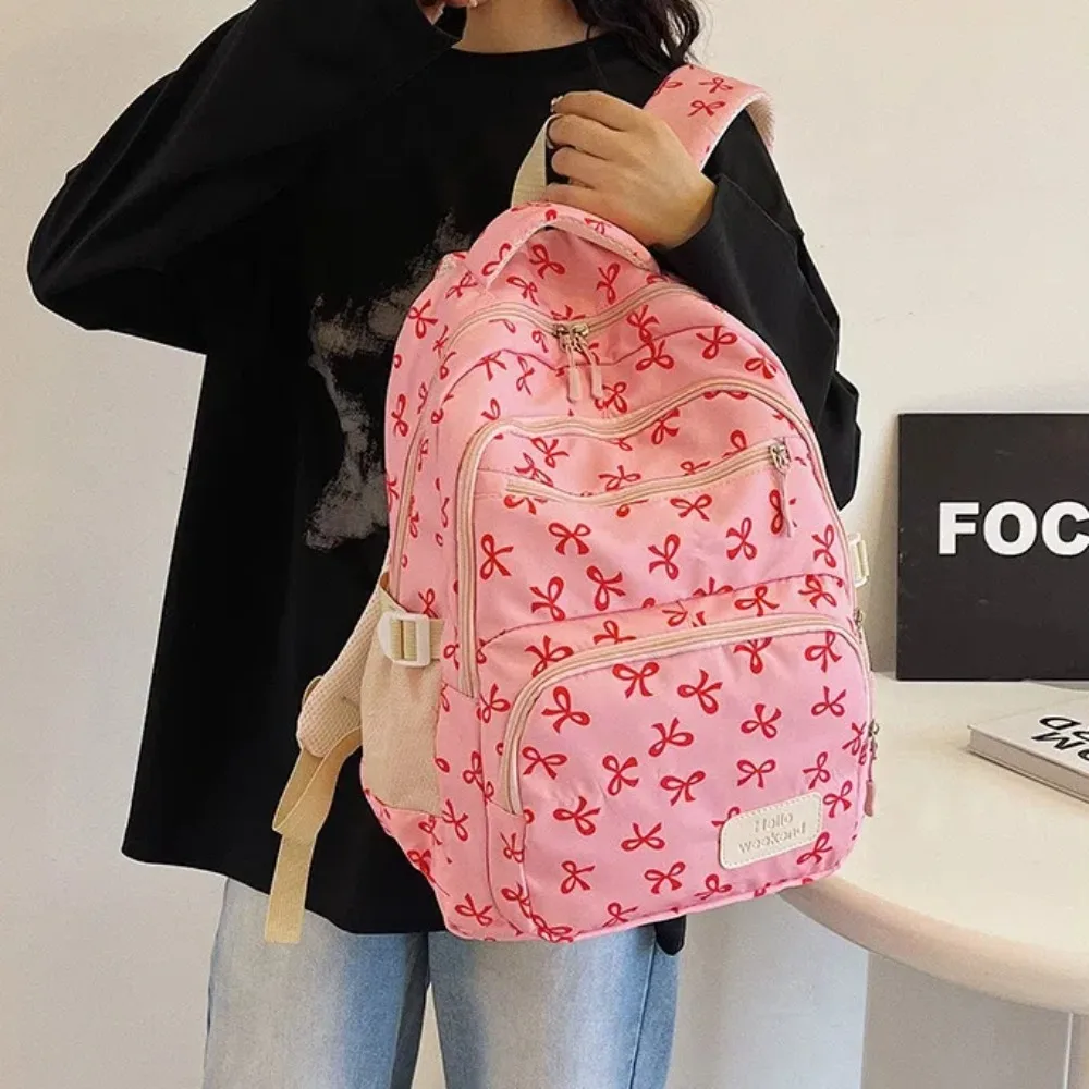 3 pezzi/set zaino con fiocco carino di grande capacità zaino da studente con tracolla regolabile in nylon zaino da viaggio con stampa fiocco