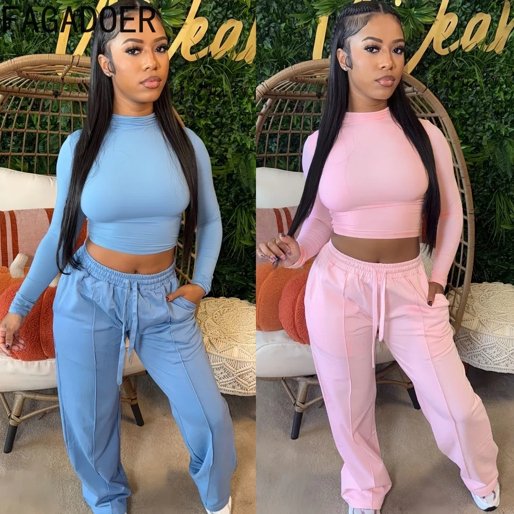 

FAGADOER Y2k Fashion Sports 2 Pieces Set for Woman Solid Color Long Sleeve Crop Top and Skiny Pants Matching Female Streetwear