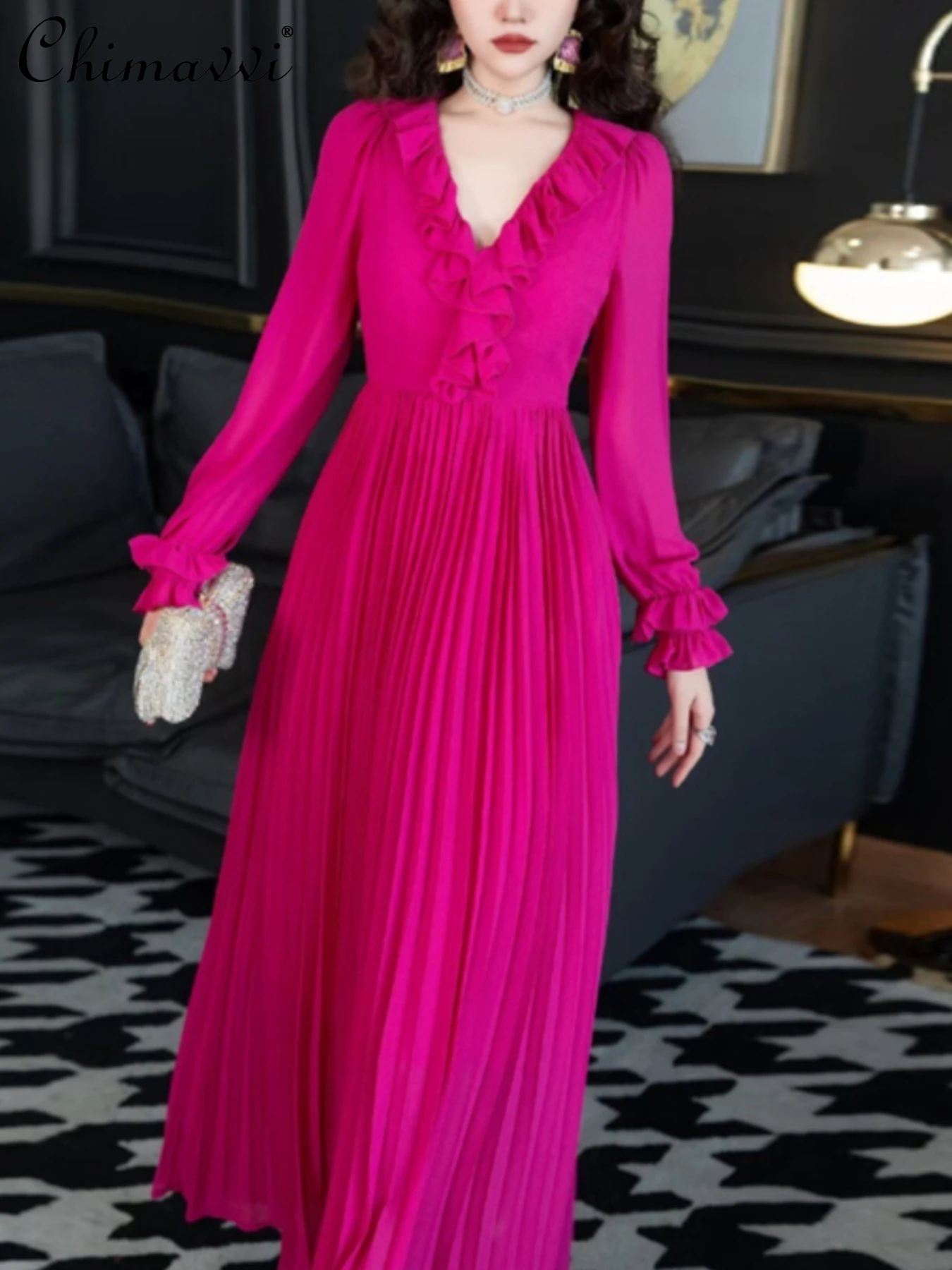 

Fashion Ruffled Heavy Pleated Long Dress Women 2024 Spring New Long Sleeve Temperament High Waist Slimming Party Ladies Dress