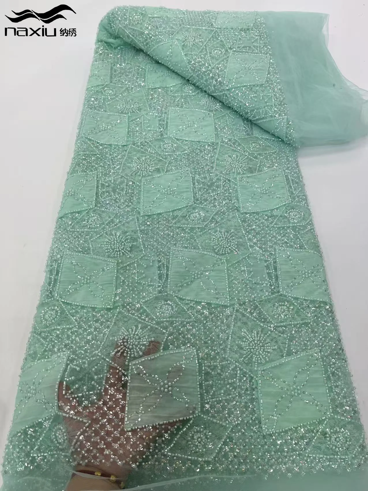 

Madison Luxury African Beaded Lace Fabric 5 Yards High Quality French Nigerian Mesh Sequin Lace Fabric Wedding Party Dresses