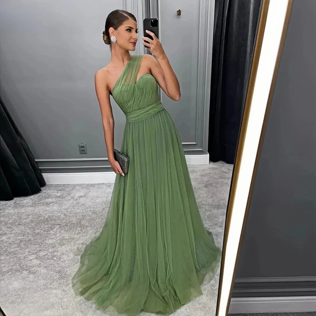 

One Shoulder Design Evening Dress Simple Green Sleeveless Tie Gown A-Line Elegant Formal Occasion Celebrity Banquet Dress