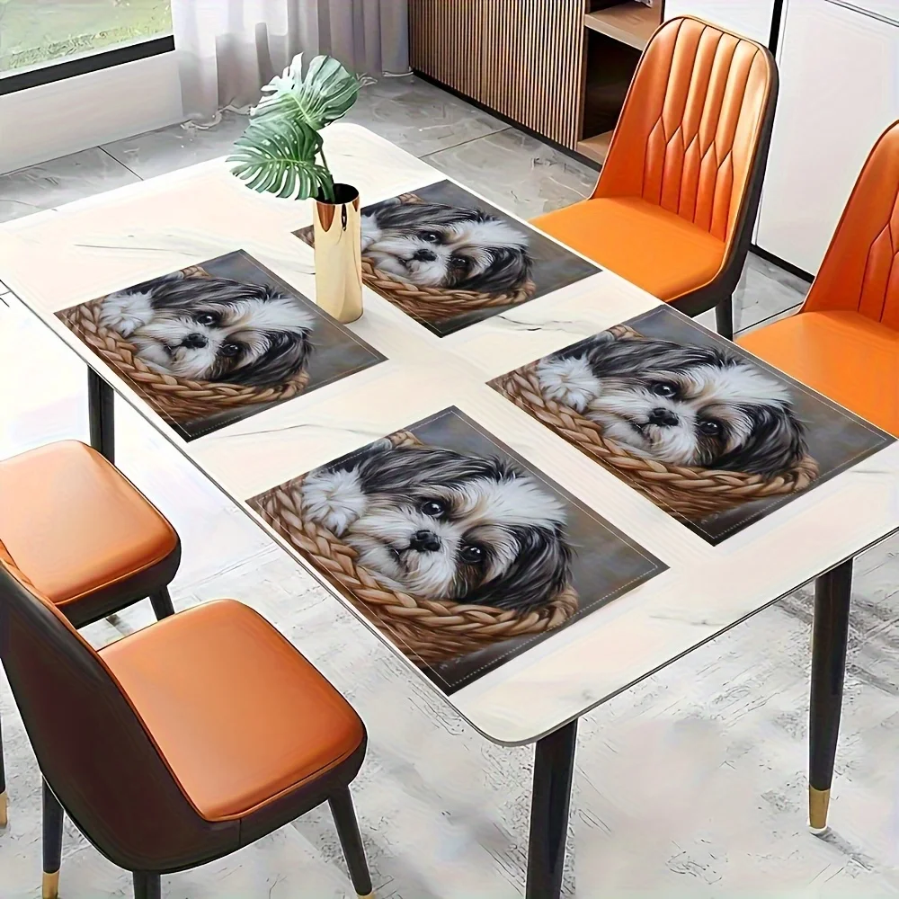 4pcs Shih Tzu Dog Print Placemat Set, Realistic Puppy Basket Design for Kitchen Party Pet‑Lover Gift Table Decor