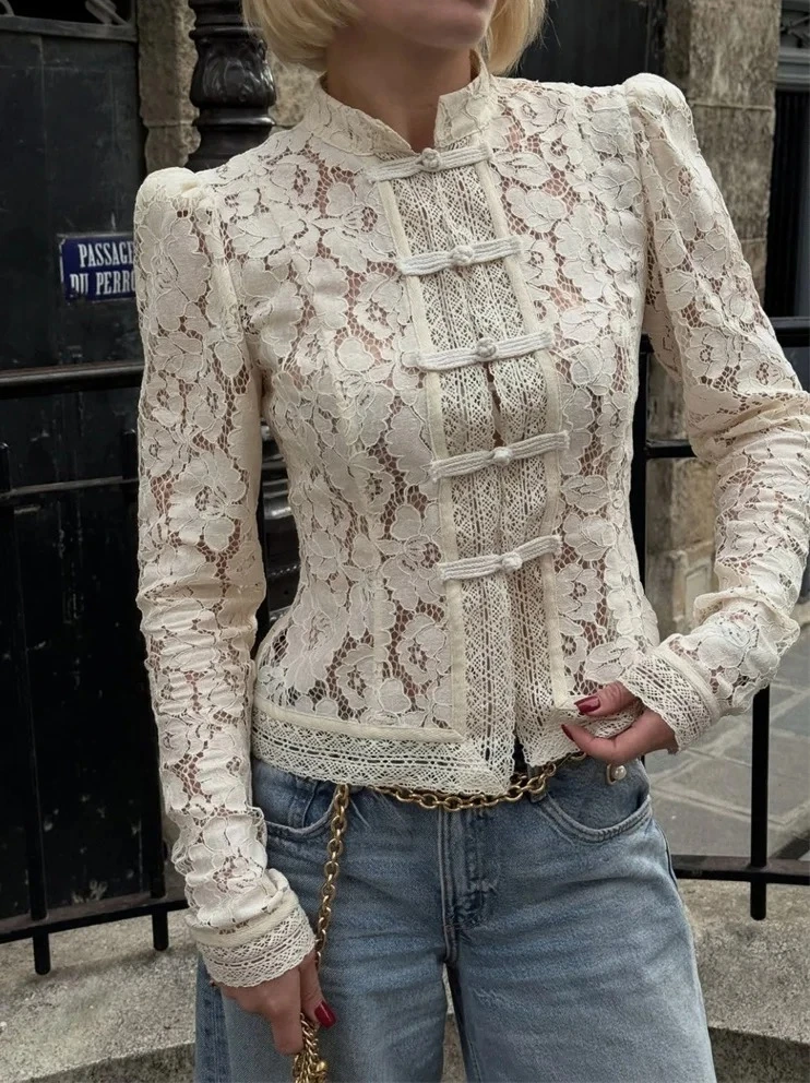 

New 2026 Summer Women's Lace Tops Hollow Out See-Through Blouse Vintage Floral Printed Shirt Fashion Commute Shrug