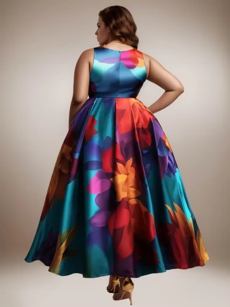 Plus Size Women Floral Printing Dress Sleeveless Round Neck Satin A-line Female Elegant Fashion Summer Dresses 2025