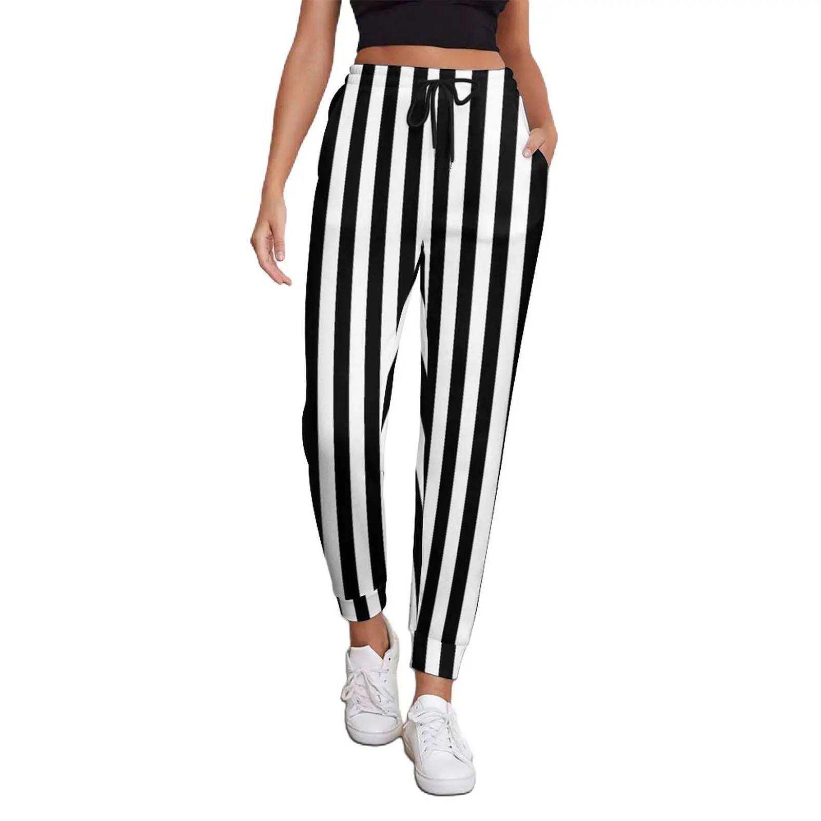 Black White Striped Pants Woman Vertical Lines Print Street Wear Sweatpants Spring Trendy Custom Trousers Big Size