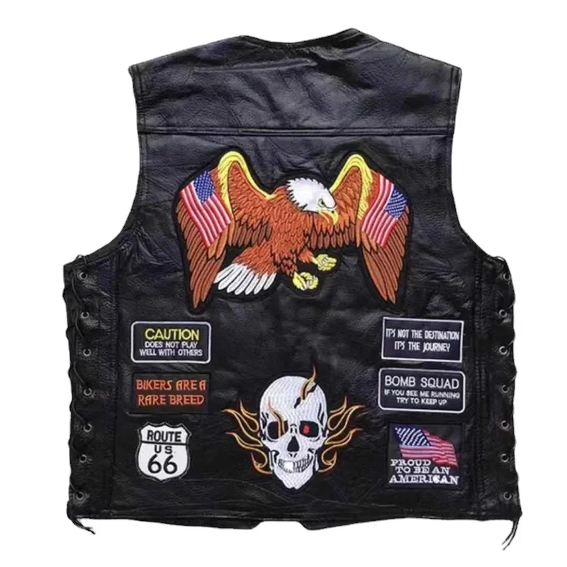 American Motorcycle Riding Waistcoat Leather Vest Men\'s Leather Vest Single Breasted V-neck Embroidered Badge Multi-style Clip