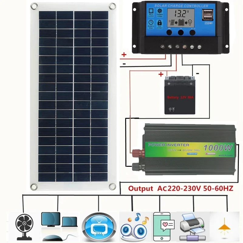 

1000W Inverter Solar Panel Set 12V Cell 10A-60A Controller Plate Kit for Phone RV Car MP3 Charger Outdoor Battery