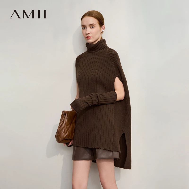 AMII سترة نسائية 2025 شتاء جديد الحديثة الياقة المدورة سترة طويلة متماسكة الصلبة تنوعا المرأة كيب القمم 12554034