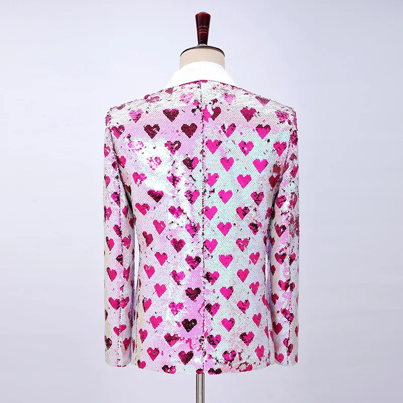 2026 New Men's Luxury Sequin Blazer with Heart Pattern - Shawl Collar Sparkly Suit Jacket for Singers, Hosts, and Weddings