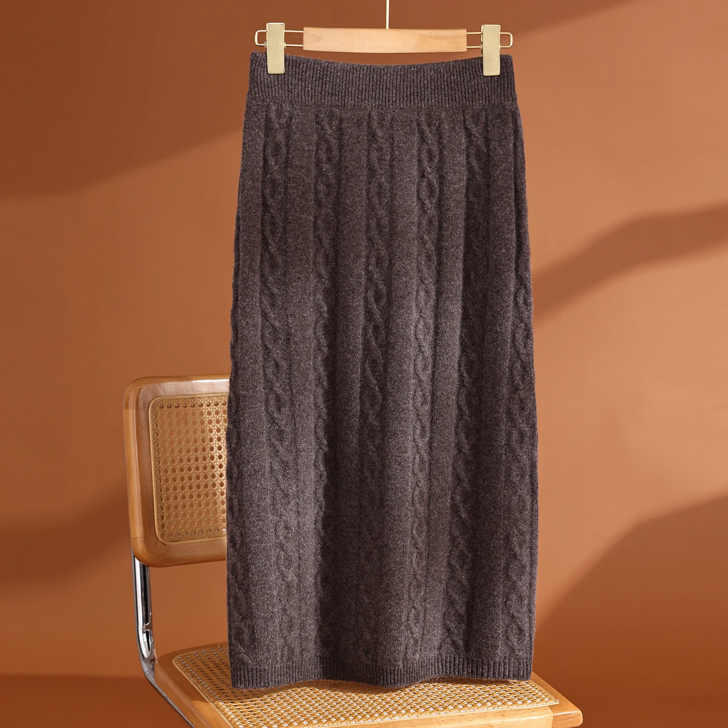 Women 100% Merino Wool O-Neck Pullover Sweater High Waist Slouchy Cable Knit Midi Skirt Vertical Cable Pattern Elastic Waist