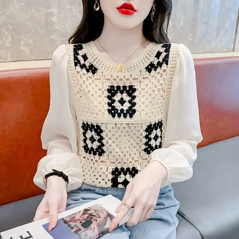 

Fashion O-Neck Spliced Knitted Hollow Out Blouses Women's Clothing 2023 Autumn Winter Loose Casual Pullovers Commuter Shirts