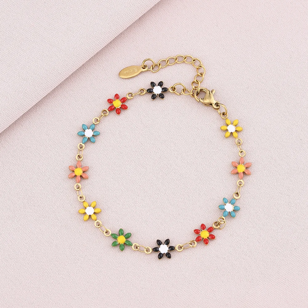 Fashion Stainless Steel Colorful Enamel Flower Bracelet For Women Lovely Girls Exquisite Wrist Chains Birthday Jewelry Gifts