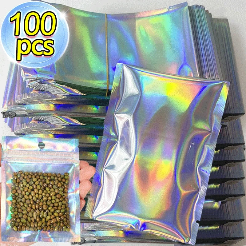 Enveloppes holographiques en plastique transparent refermables à laser, sacs à fermeture automatique, emballage plat pour bonbons, bijoux, sac de rangement des aliments, petites entreprises