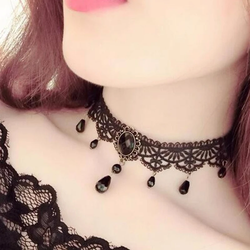 New Sexy Gothic Chokers Crystal Black Lace Neck Choker Necklace Vintage Victorian Women Chocker Steampunk Jewelry