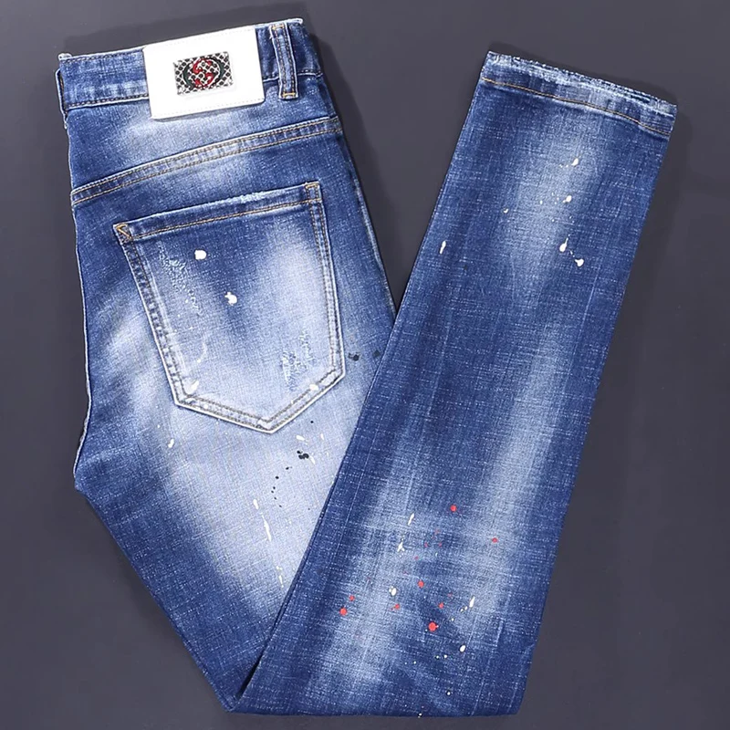 Street Fashion Men Jeans Retro Blue Elastic Stretch Slim Ripped Jeans Men Painted Designer Trousers Vintage Denim Pants Hombre