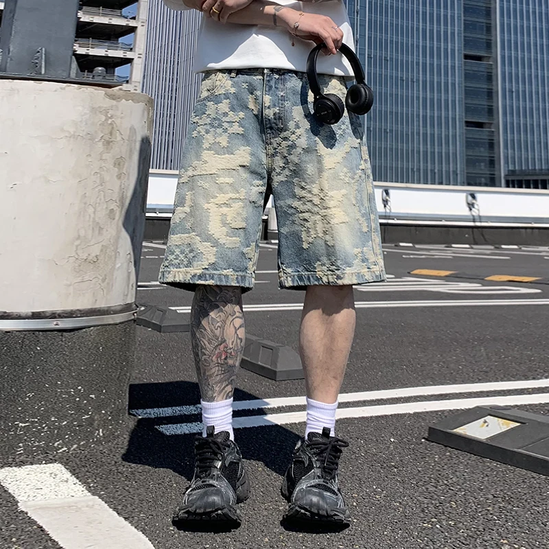 

9367 Vintage jacquard tide denim shorts men's American high street wide leg gangster handsome boys casual trousers