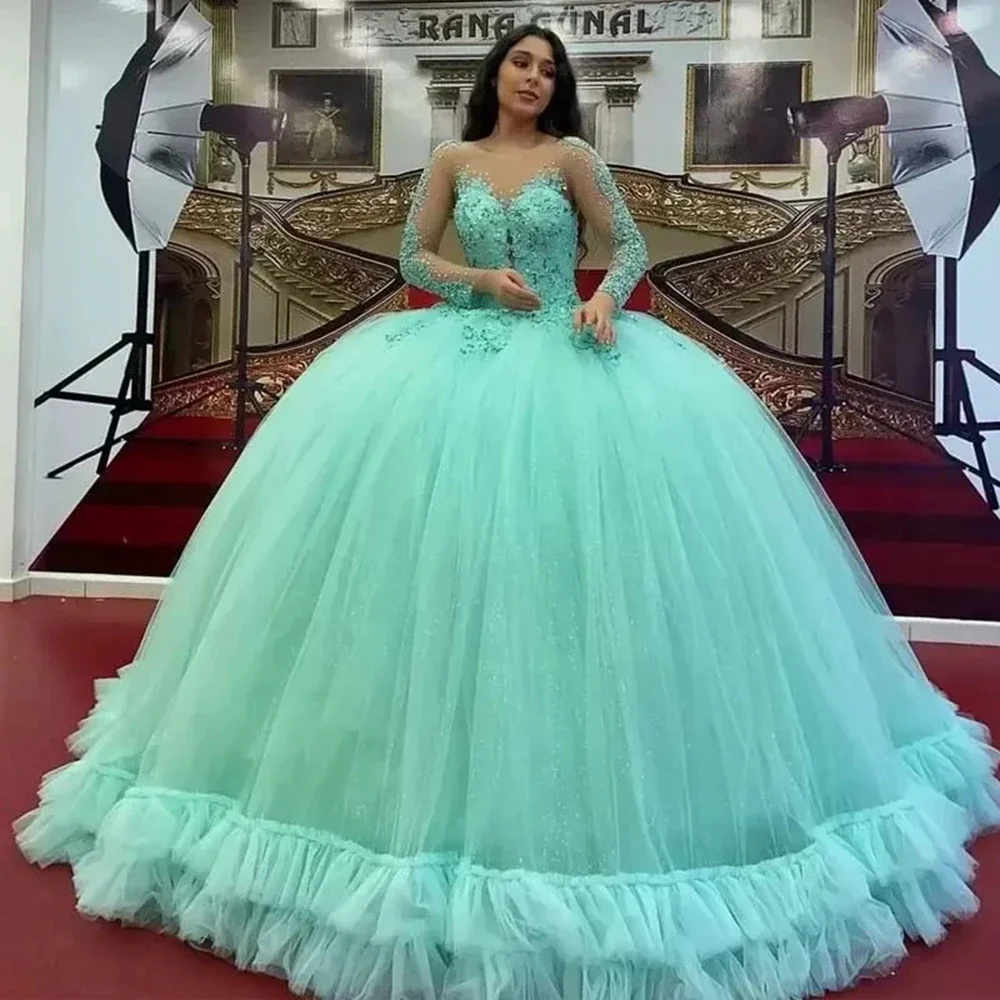 

Ball Gown Quinceanera Dress Long Sleeves Sequins Beaded Appliques Princess Party Gowns Masquerade Sweet 16 Dress