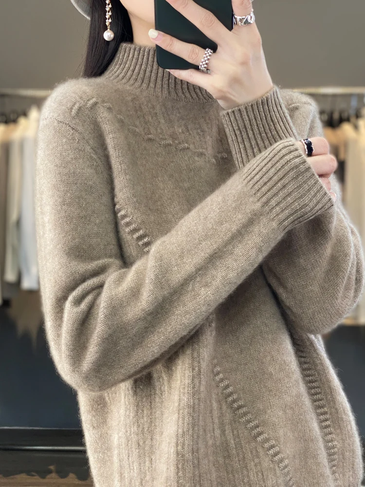 Autumn Winter 100% Merino Wool Loose Pullover Cashmere Sweater For Women Thickened Twist Flower Mock-neck Knitwear New Fashion