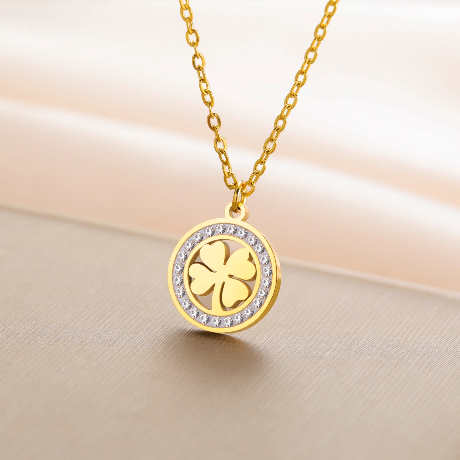 COOLTIME Mode Klee Runde Anhänger Halskette Edelstahl Elegante Zirkon Charme Halskette für Frauen Schmuck Geschenk 2026 Neue – Detail 9