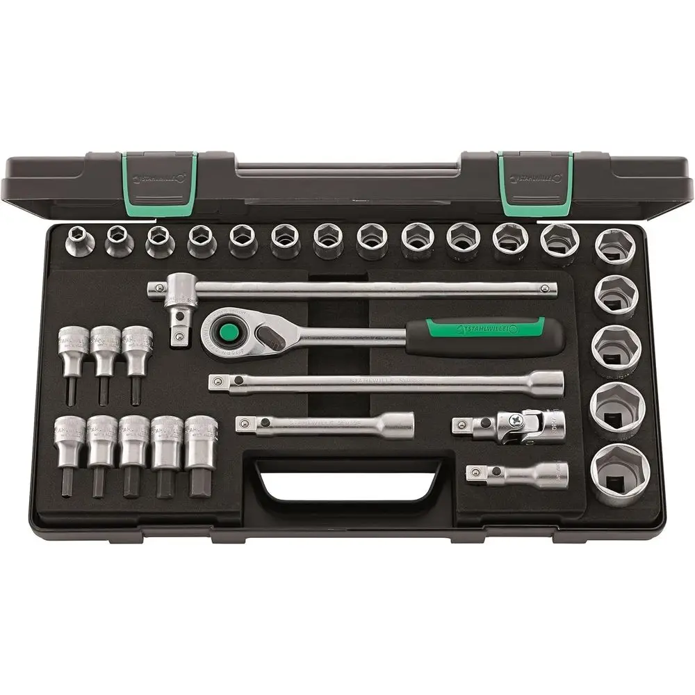 

31-Piece 1/2 Socket Set with Ratchet, Extensions, T-Handle, and Stackable ABS Case, 5306g, Made in Germany