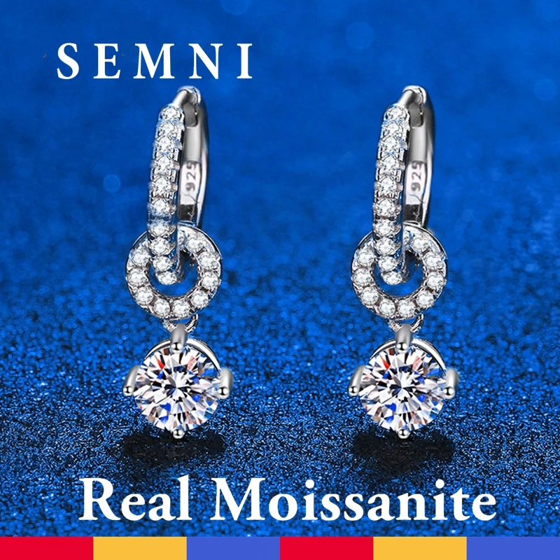 SEMNI Wholesale 1.0ct White Gold Plated Moissanite Drop Earrings for Women Sparkling Wedding Jewelry 925 Solid Silver Party GRA