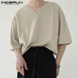 Men Casual T Shirt Solid Color V Neck Short Sleeve Korean Style Men Clothing 2024 Loose Streetwear Male Tee Tops S-3XL INCERUN