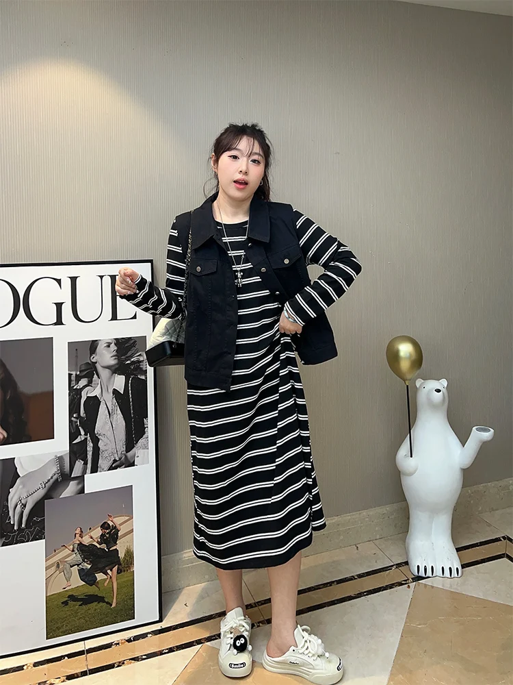 

plus Size Comfortable Striped Dr And Vest Set for Women Hide Meat Loose Fit Easy to Wear Faionable Autumn Outfit