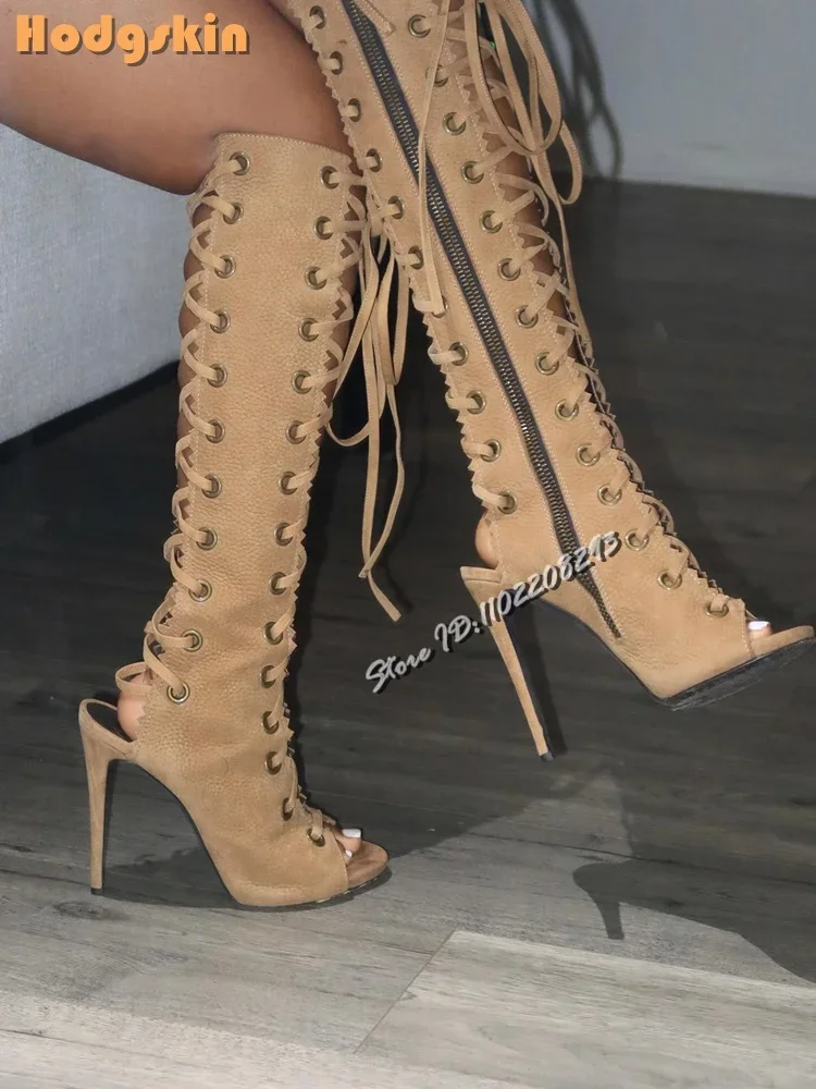 

Retro Cross Straps Knee-high Boots Sexy Open Toe Strappy Stilettos Sandals Side Zipper Modern High Heels Shoes 2025 Summer Women